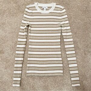 Nine West Sweater XS Long Sleeve Pullover Gold White Sparkly Glitter Striped